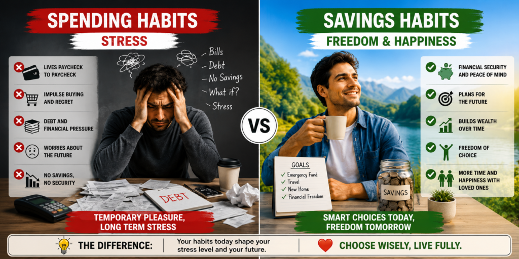“Split screen financial comparison showing a stressed person struggling during a money emergency with bills and anxiety on one side, while a confident financially secure person enjoys freedom, happiness, and peace of mind on the other side.”