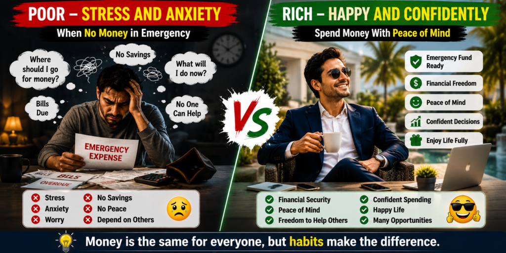 Comparing financial stress and financial freedom. On the left side, a worried man faces bills and emergency expenses with anxiety and uncertainty. On the right side, a confident wealthy man spends money calmly and happily, showing peace of mind, stability, and financial security