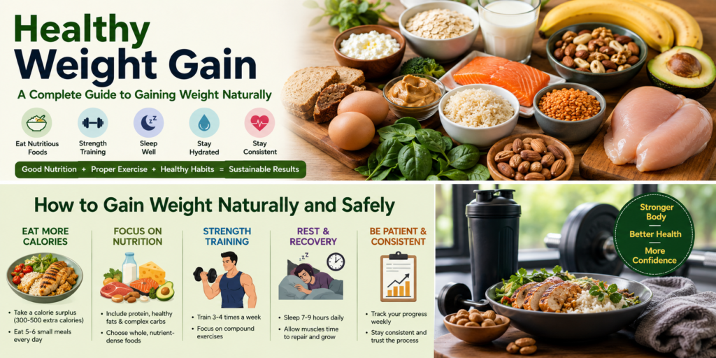 "Healthy weight gain comparison infographic showing the difference between a person who focuses on nutritious food, strength training, and long term health versus a person who relies on junk food, quick weight gain, and unhealthy habits."