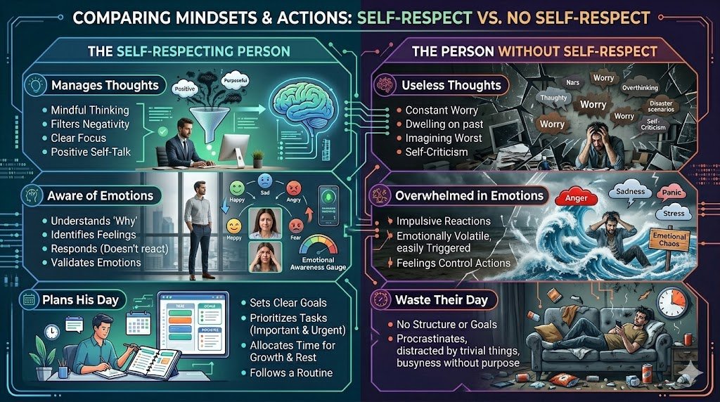 Comparing the positive, structured mindsets and actions of a self-respecting person against the negative, chaotic ones of a person without self-respect across three key areas: managing thoughts, awareness of emotions, and daily planning.