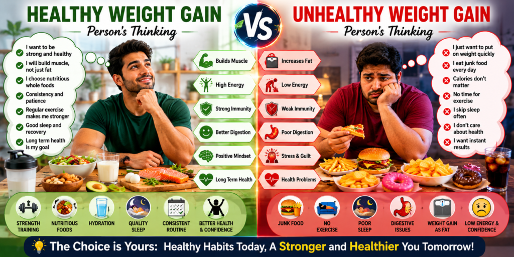 "Healthy weight gain vs unhealthy weight gain infographic comparing nutritious eating, strength training, and healthy habits with junk food, inactivity, and unhealthy lifestyle choices."