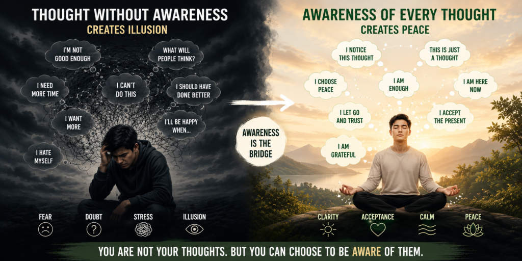 Thought without awareness creates illusion while awareness of every thought creates peace, illustrated by a stressed person overwhelmed by negative thoughts contrasted with a calm person practicing mindfulness and inner awareness.