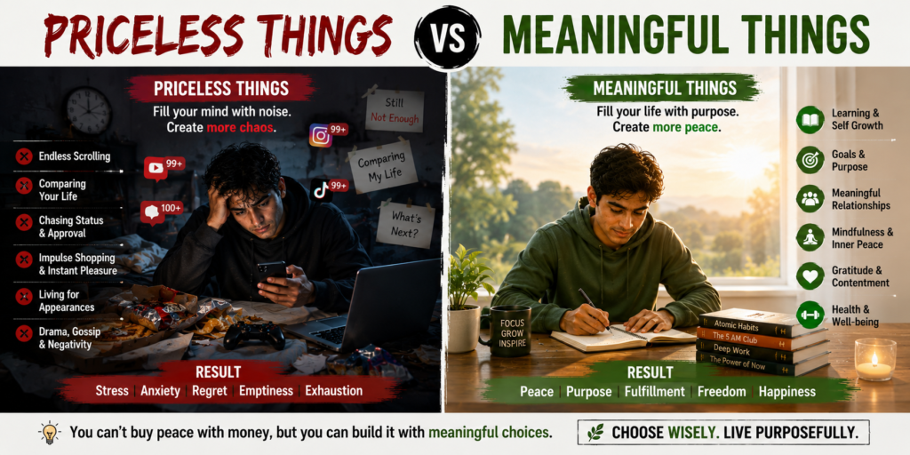 Priceless Things vs Meaningful Things comparison showing how endless scrolling, comparison, and instant pleasure create stress, while learning, mindfulness, relationships, and purpose build peace and fulfillment.