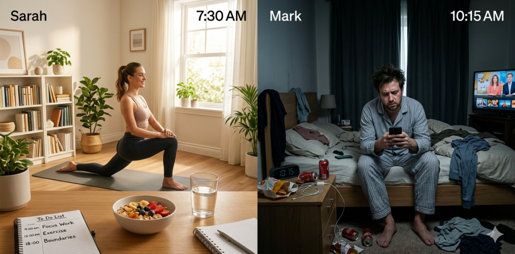A split-screen image contrasting two different morning routines. The left side shows a woman practicing yoga at 7:30 AM in a bright, organized room next to a healthy breakfast and a structured to-do list. The right side shows a disheveled man staring at his phone at 10:15 AM in a dark, cluttered bedroom surrounded by trash